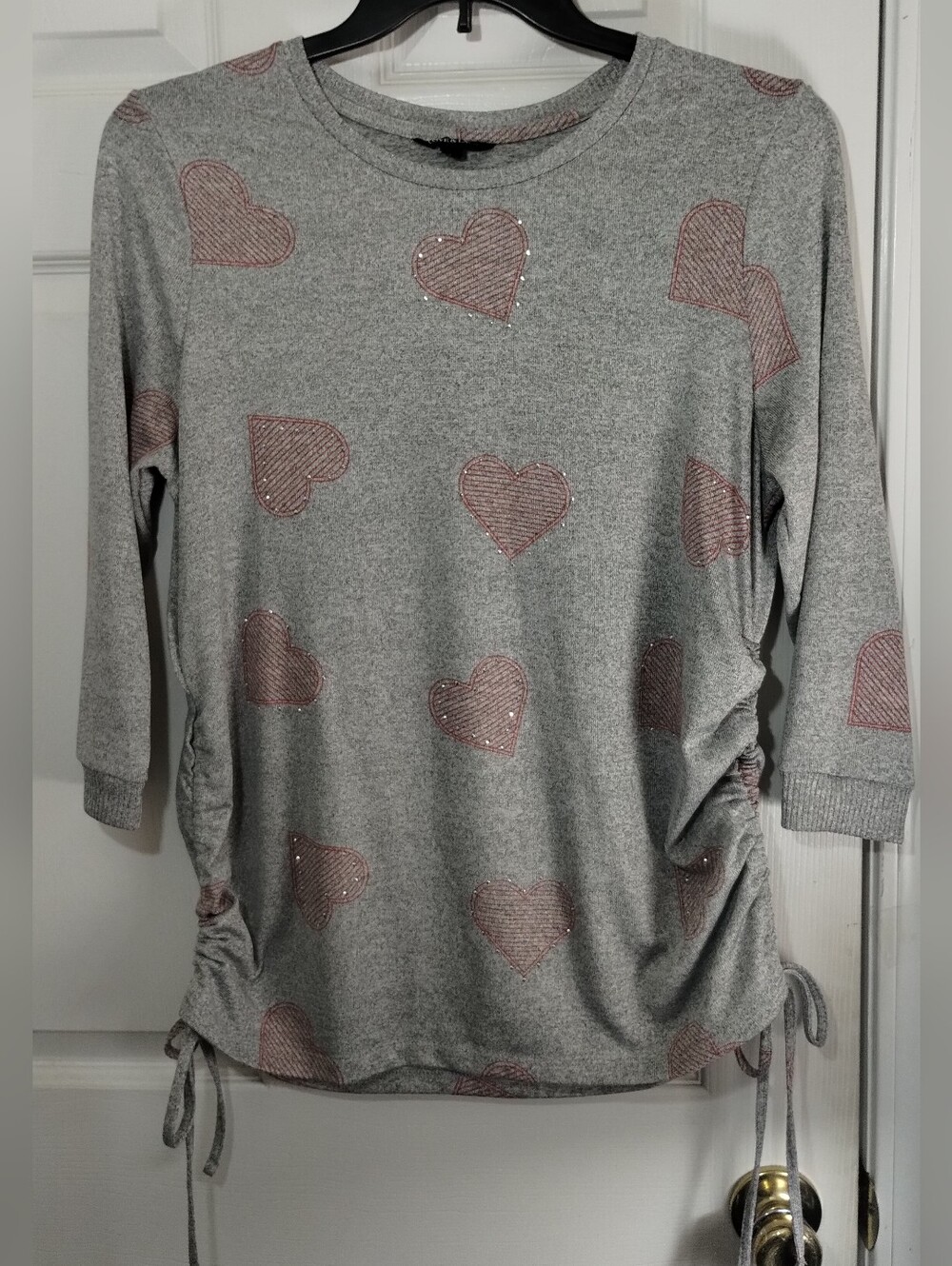 Gray Top With Studded Heart Print  3/4 Sleeve Top With Ruched Sides